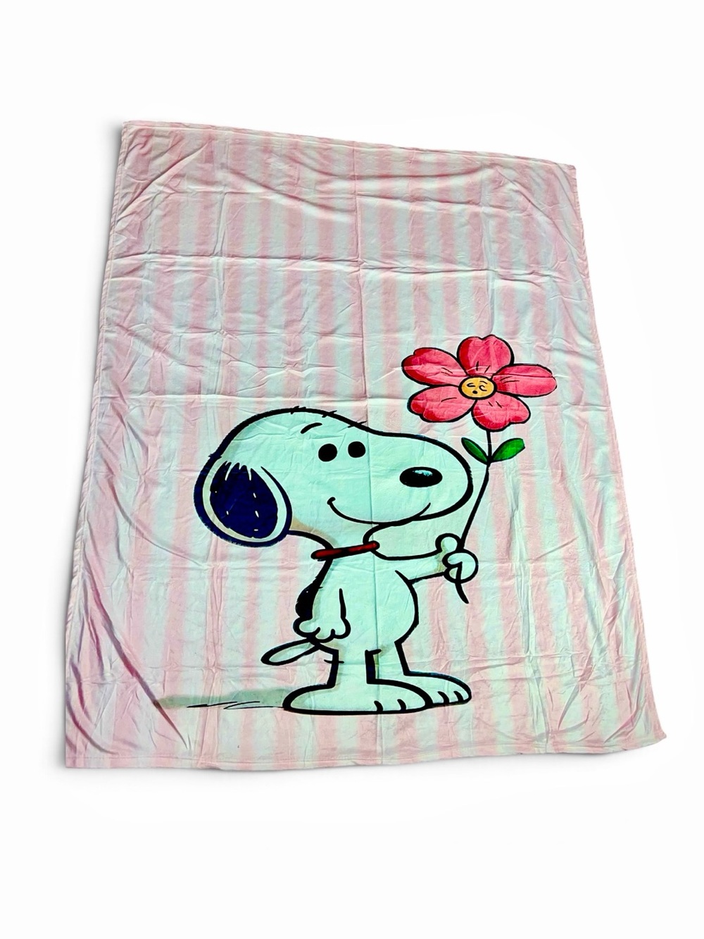 Snoopy Pink Stripe Plush Throw Blanket with Flower